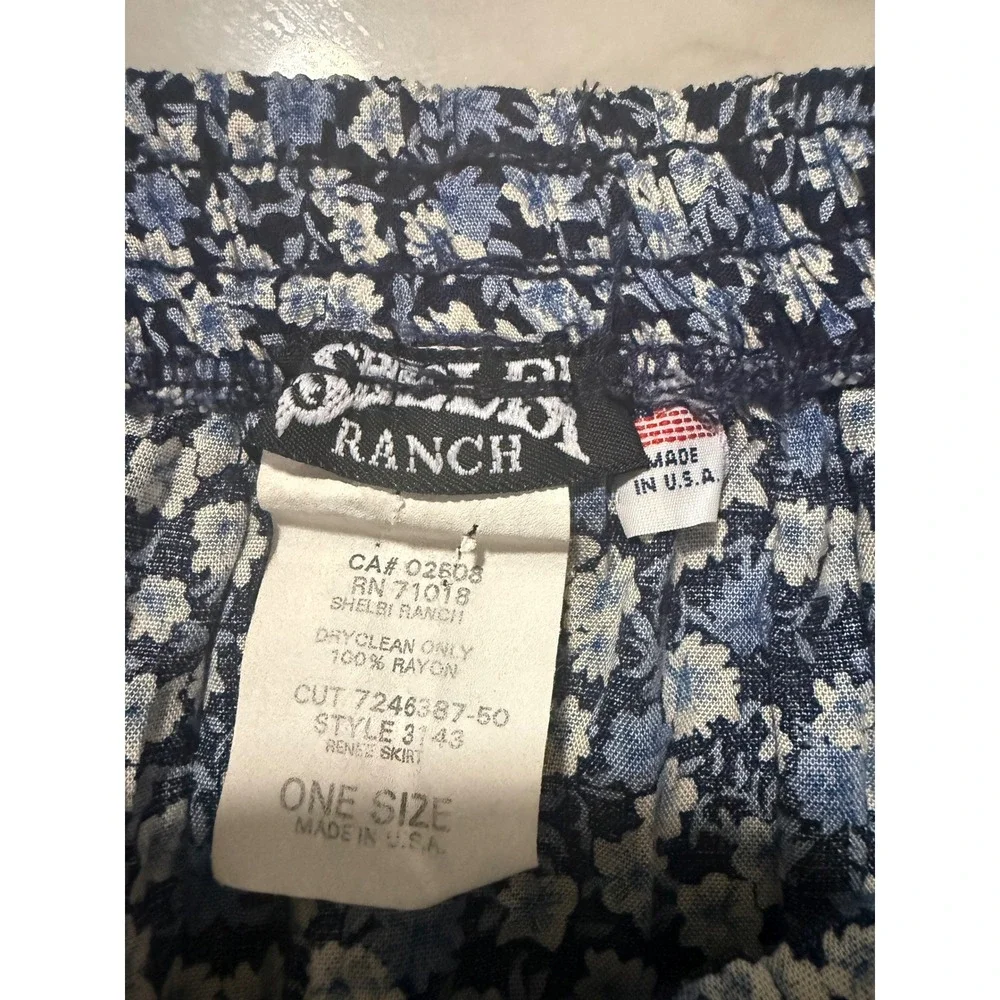Vintage Shelbi Ranch Blue Floral Tiered Boho Broomstick Maxi Skirt Large O/S